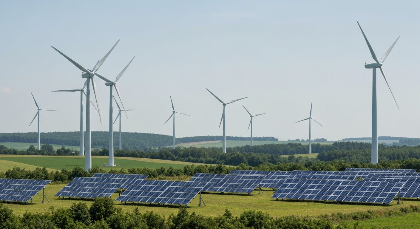 Éoliennes et panneaux solaires dans un paysage verdoyant