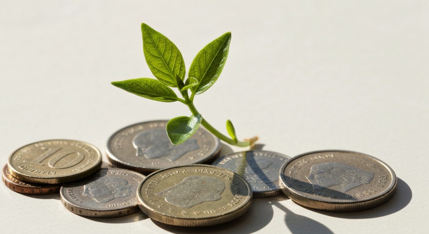 Pièces de monnaie et feuille verte